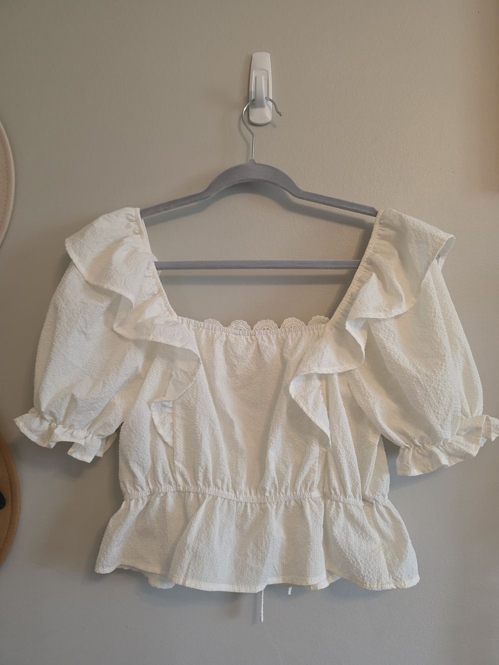 White Lace-Front Ruffled Peasant Top - Picture 3 of 9